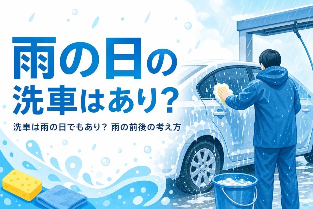 小雨の中で車を泡で洗っている人の後ろ姿
