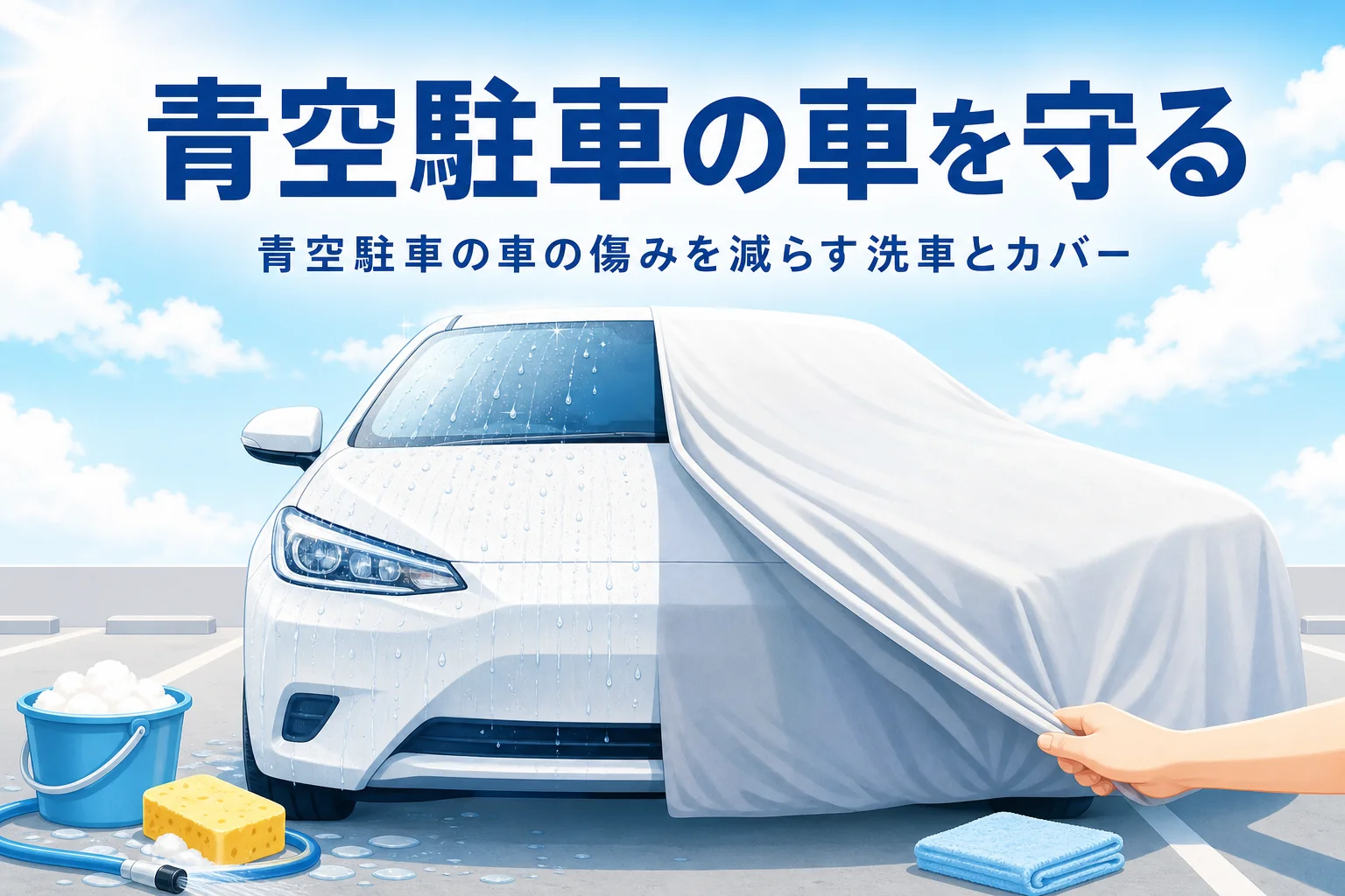 屋根のない駐車場で、車にボディカバーを掛けている手元