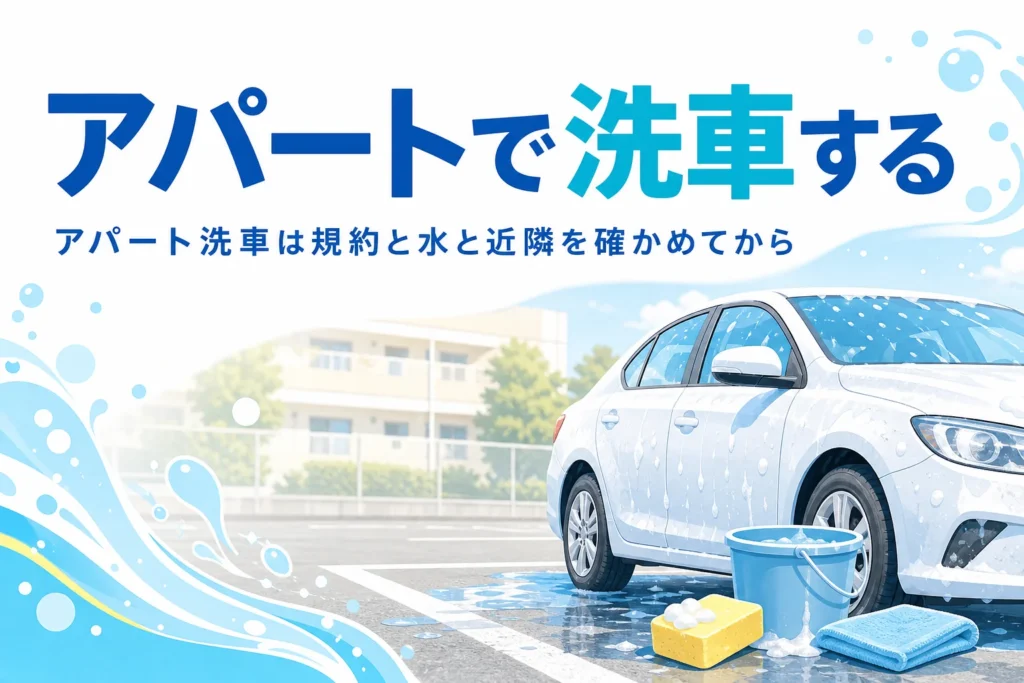 集合住宅の駐車場に止めた車とバケツ、タオルが並ぶ様子と、アパート洗車の記事タイトル