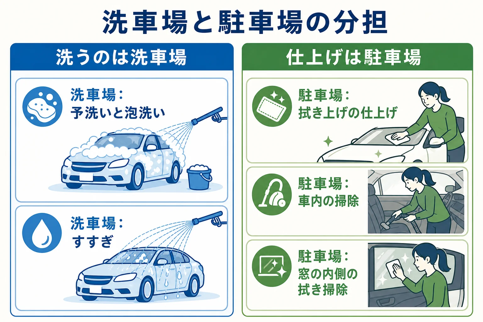 洗車場では予洗いからすすぎ、駐車場では拭き上げと車内掃除と分担する考え方を示した図解