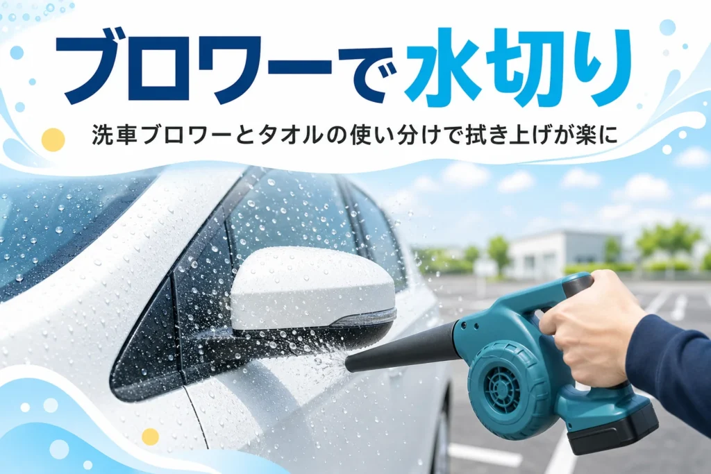 洗車後の車のドアミラーにブロワーで風を当てて水を飛ばしている手元と、洗車ブロワーの記事タイトル