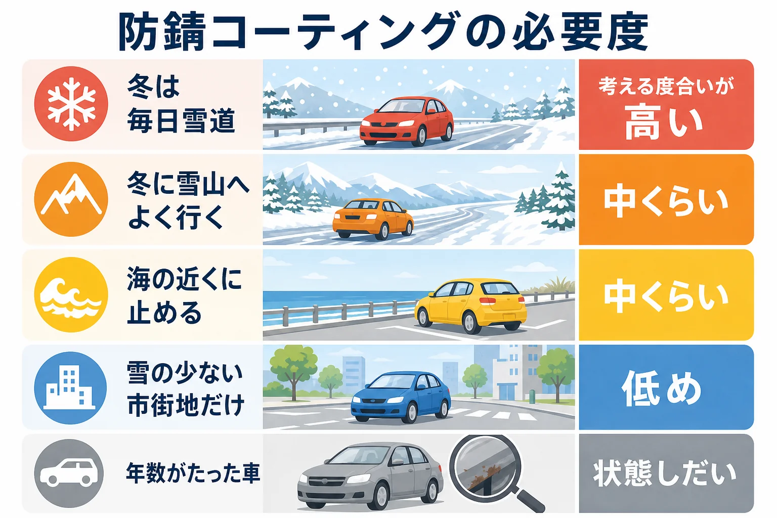 住む地域と走る道ごとに防錆コーティングの必要度を分けた図解