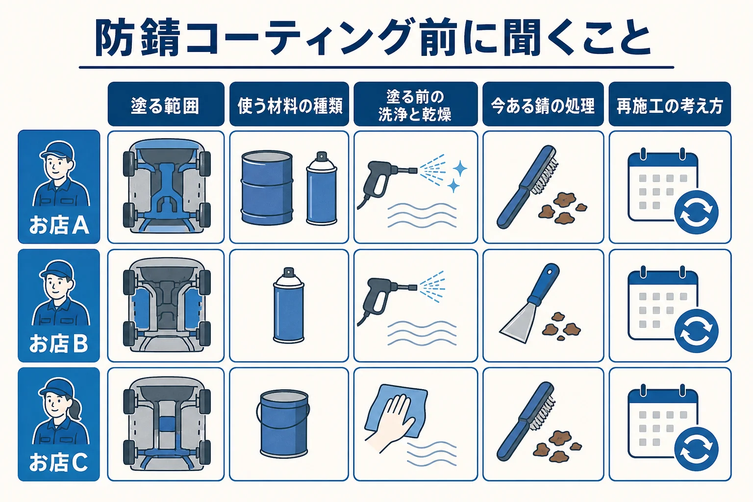下回りの防錆コーティングを頼む前に聞く5つのことをまとめた図解