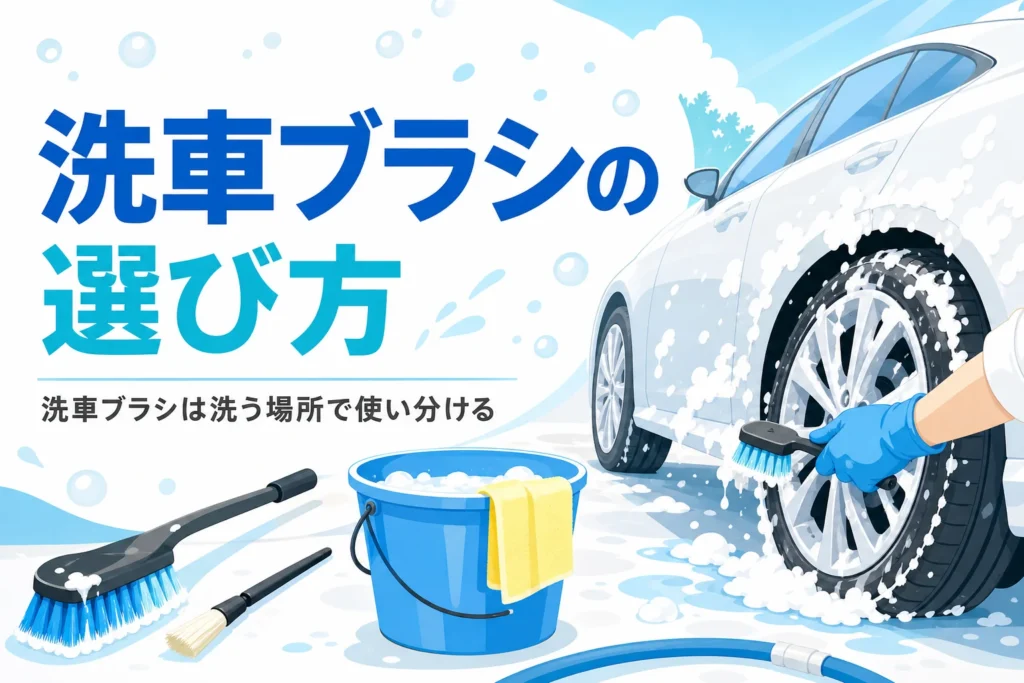 ホイールをブラシで洗う手元と柄の長いブラシや刷毛が並ぶ様子と、洗車ブラシの選び方の記事タイトル