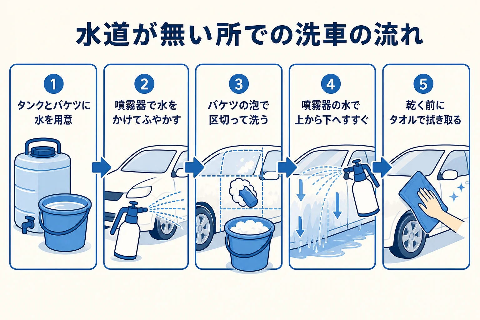 噴霧器とバケツで水道が無い所で洗車する流れを示した図解