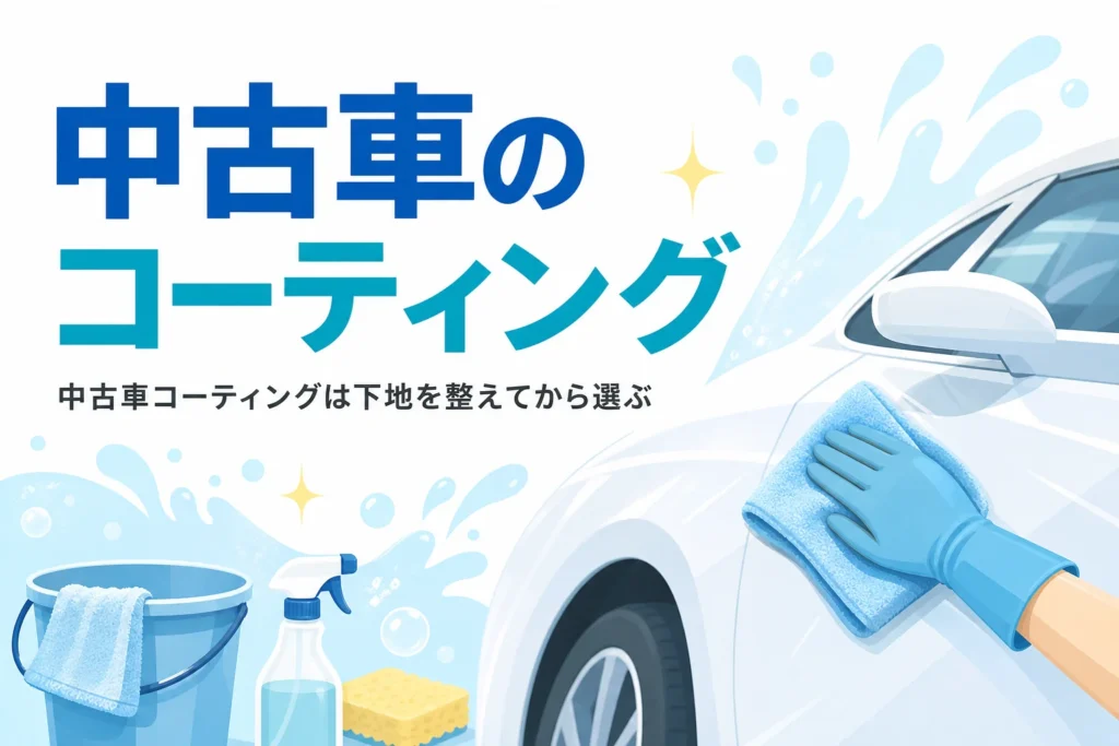乗用車のボディを磨く手元と「中古車のコーティング」の文字