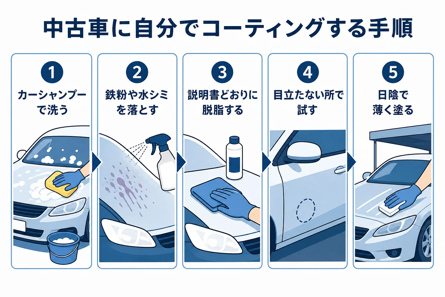 中古車に自分でコーティングをする時の手順を示した図解