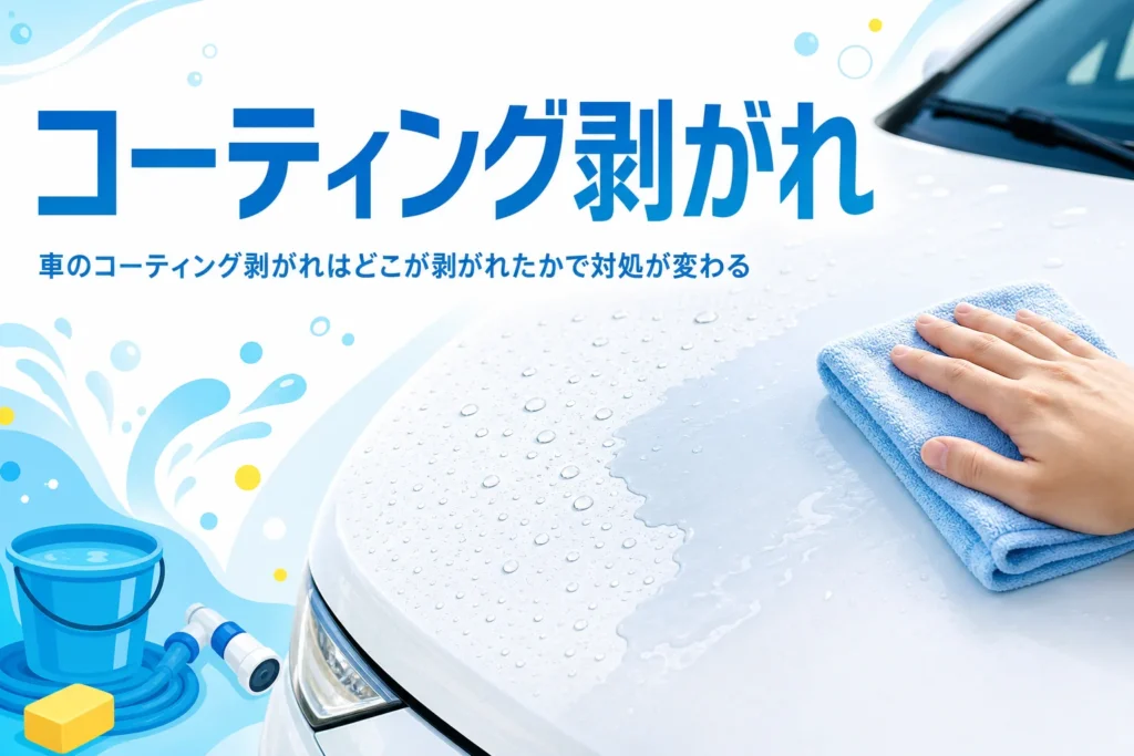 水滴が乗った車のボンネットと「コーティング剥がれ」の文字