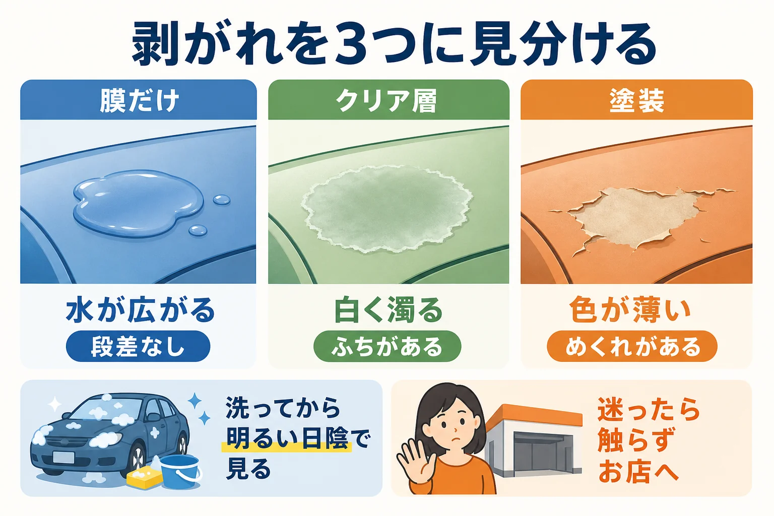 車のコーティング剥がれをコーティング・クリア層・塗装の3つに見分ける図解