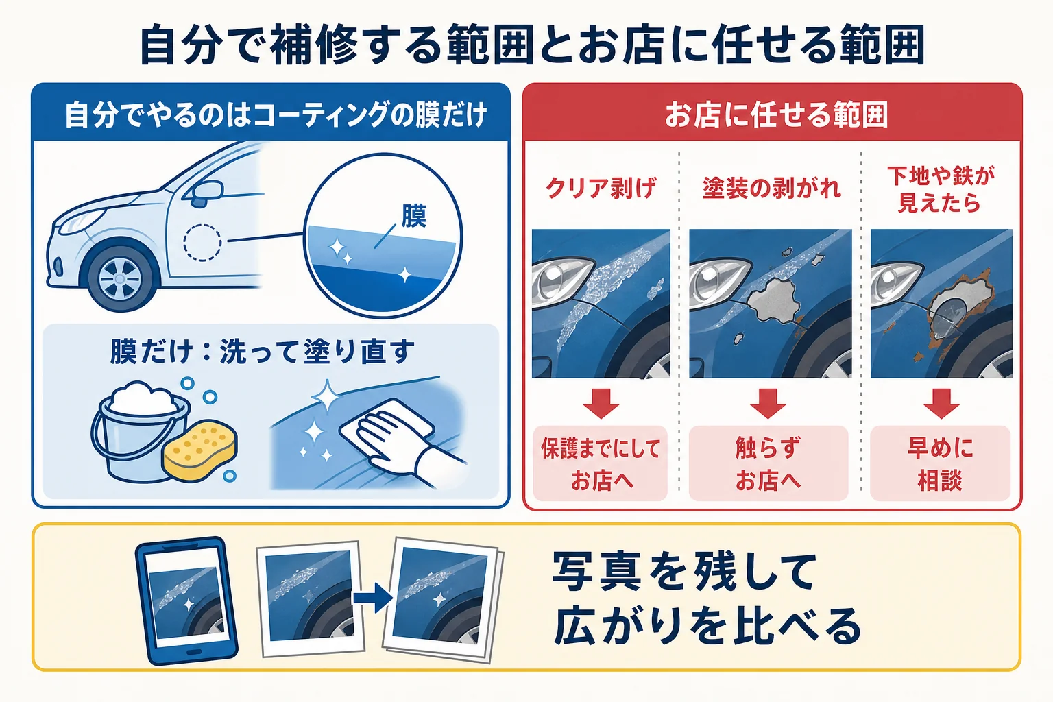 車のコーティング剥がれを自分で補修する範囲とお店に任せる範囲を分けた図解