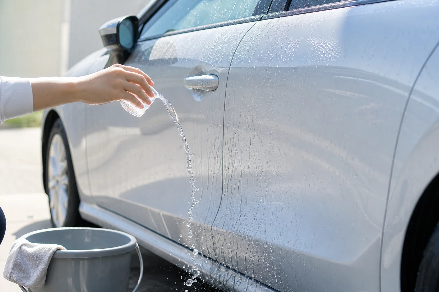明るい日陰で車のボディに水をかけてコーティングの剥がれを確かめる様子