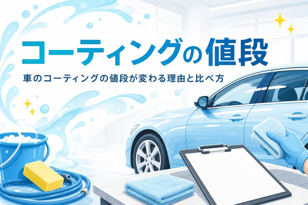 屋内の作業スペースに停めた艶のある乗用車と、見積もりを比べるためのクリップボード