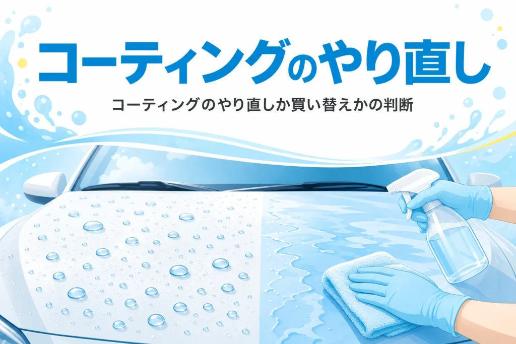 水のはじき方に差が出たボンネットと、タオルを持って状態を確かめる手元