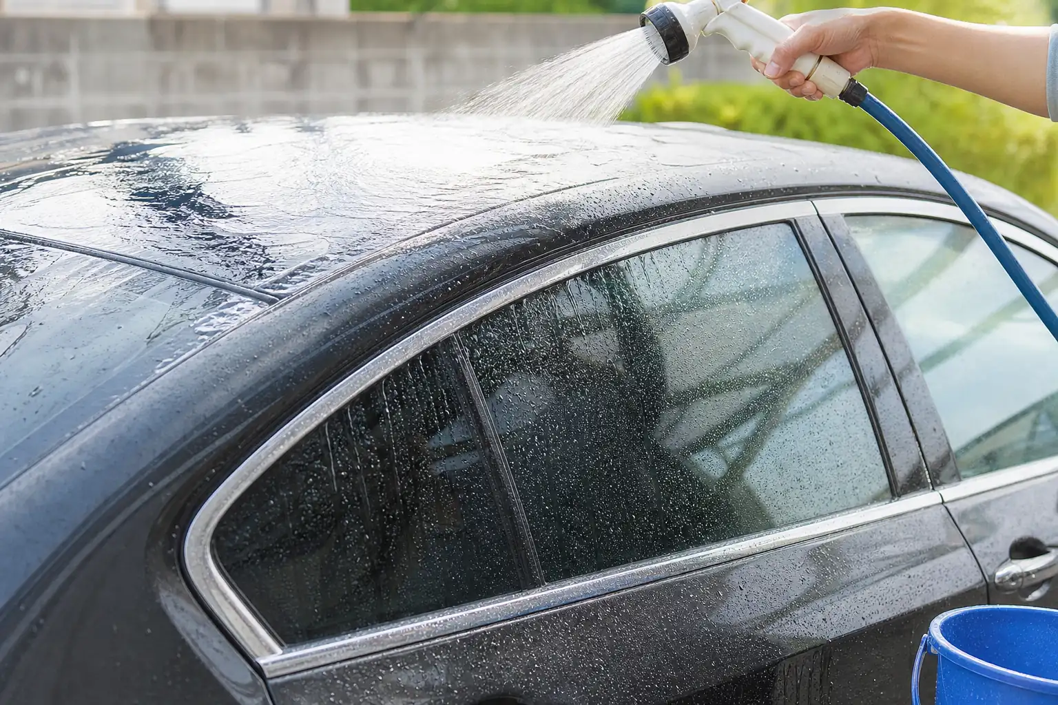 洗車後の車の屋根と側面に水をかけて、コーティングの水のはじき方の差を比べている様子