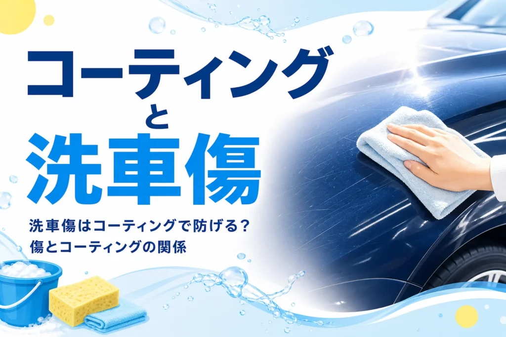 斜めの光で細かい線傷が見える乗用車のボディとタオルを持つ手元