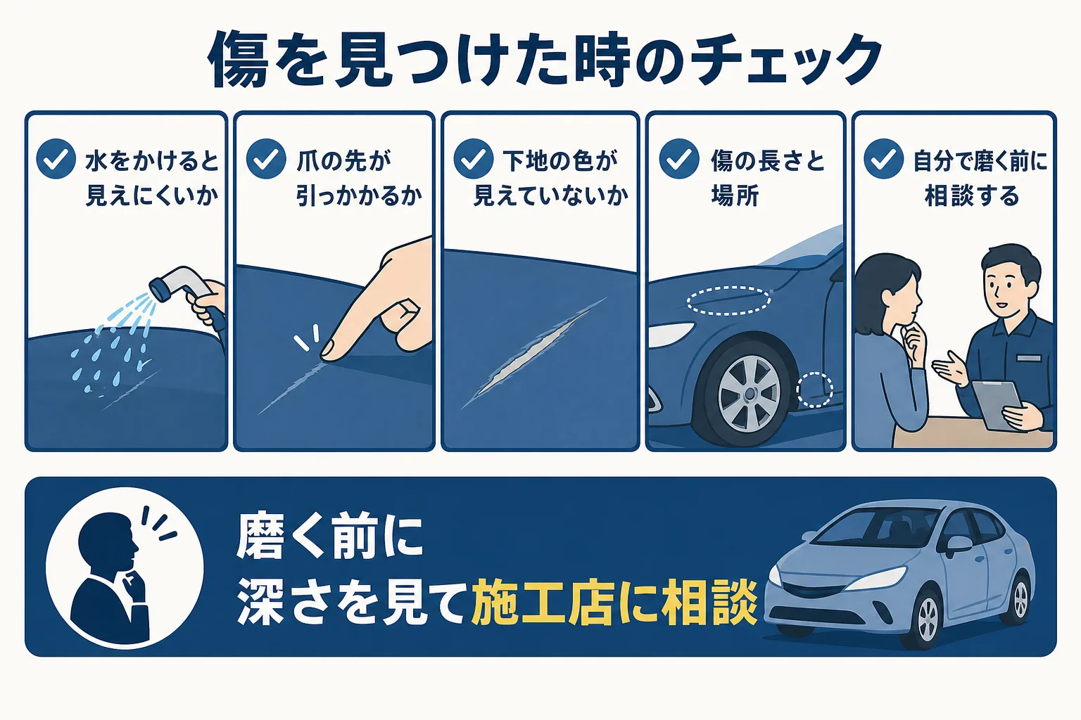 コーティング車に傷を見つけた時に確かめることをまとめた図解