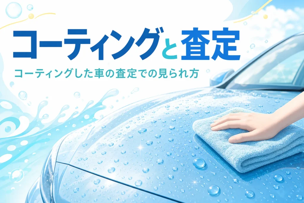 コーティングしたボンネットの上で水滴が玉になっている様子と、タオルを持つ手元