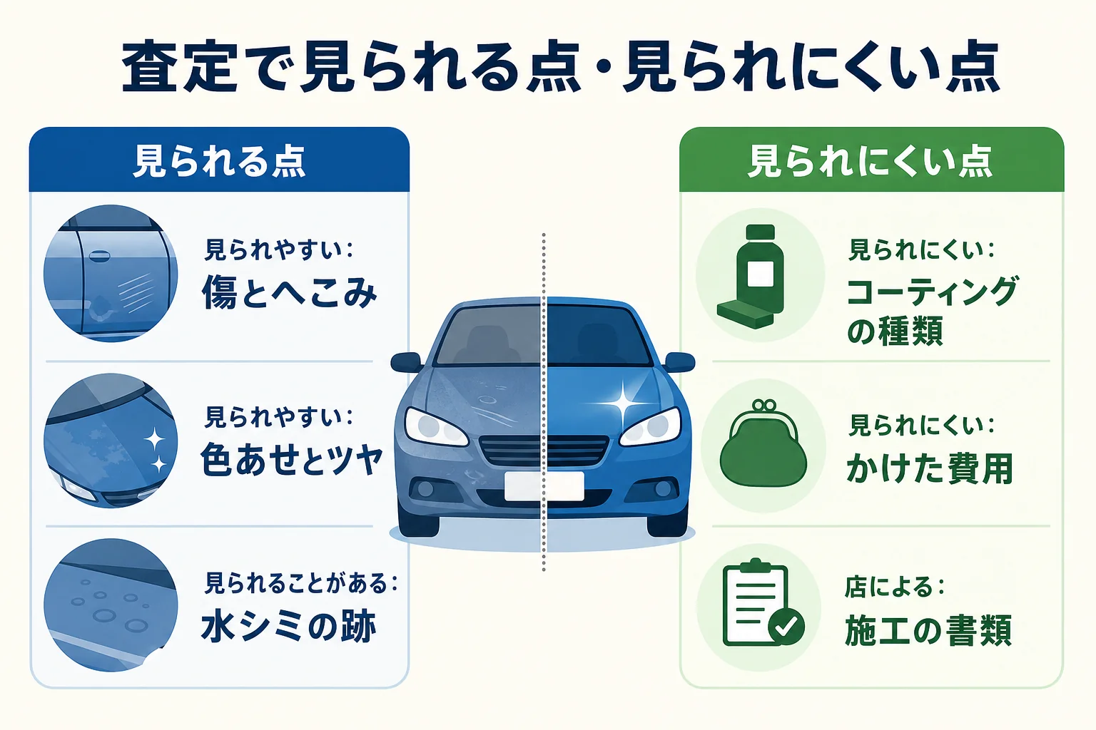 コーティングの有無で、査定の時に見られやすい点と見られにくい点を分けた図解