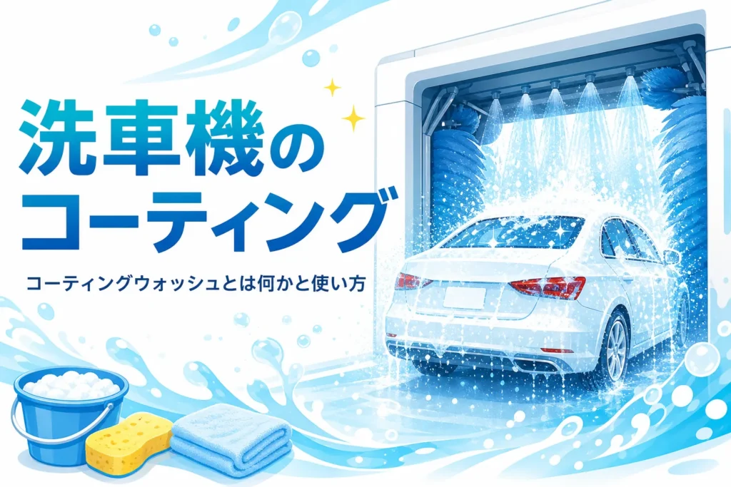 門型洗車機の中で泡のシャワーを浴びる乗用車と、洗車機のコーティングコースを紹介する記事タイトル