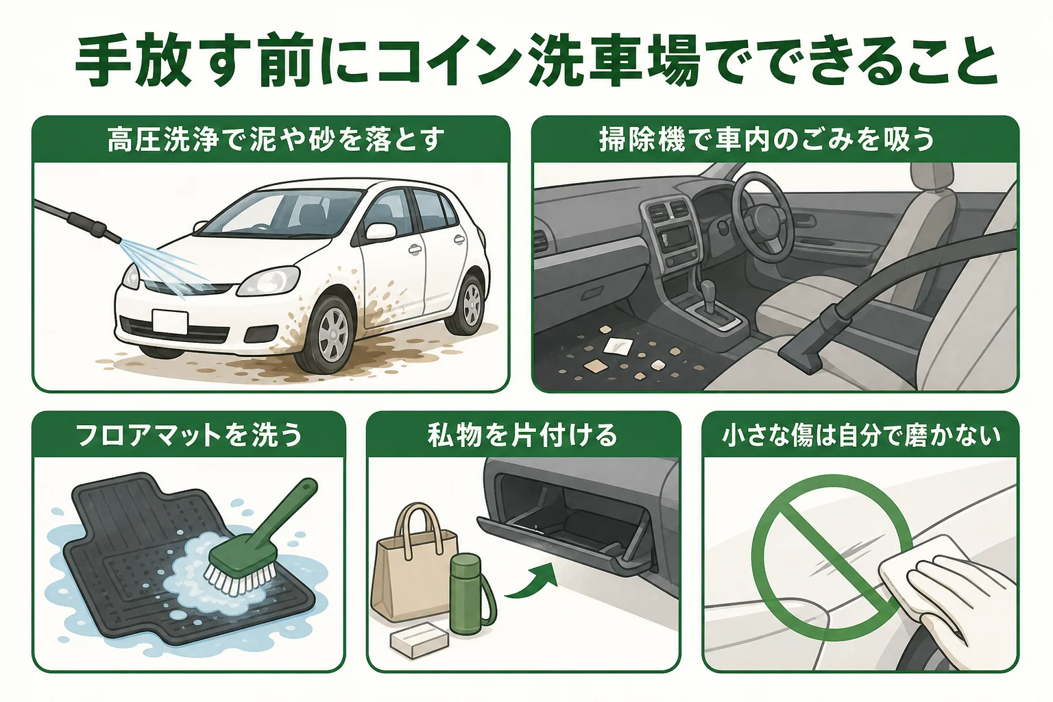 車を手放す前にコイン洗車場で外の汚れと車内を整える流れの図解