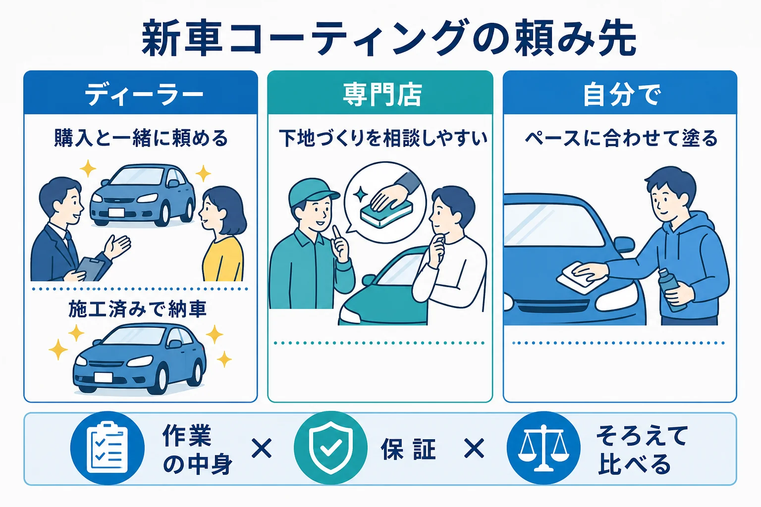 新車のコーティングをディーラー・専門店・自分で塗る場合で比べた図解