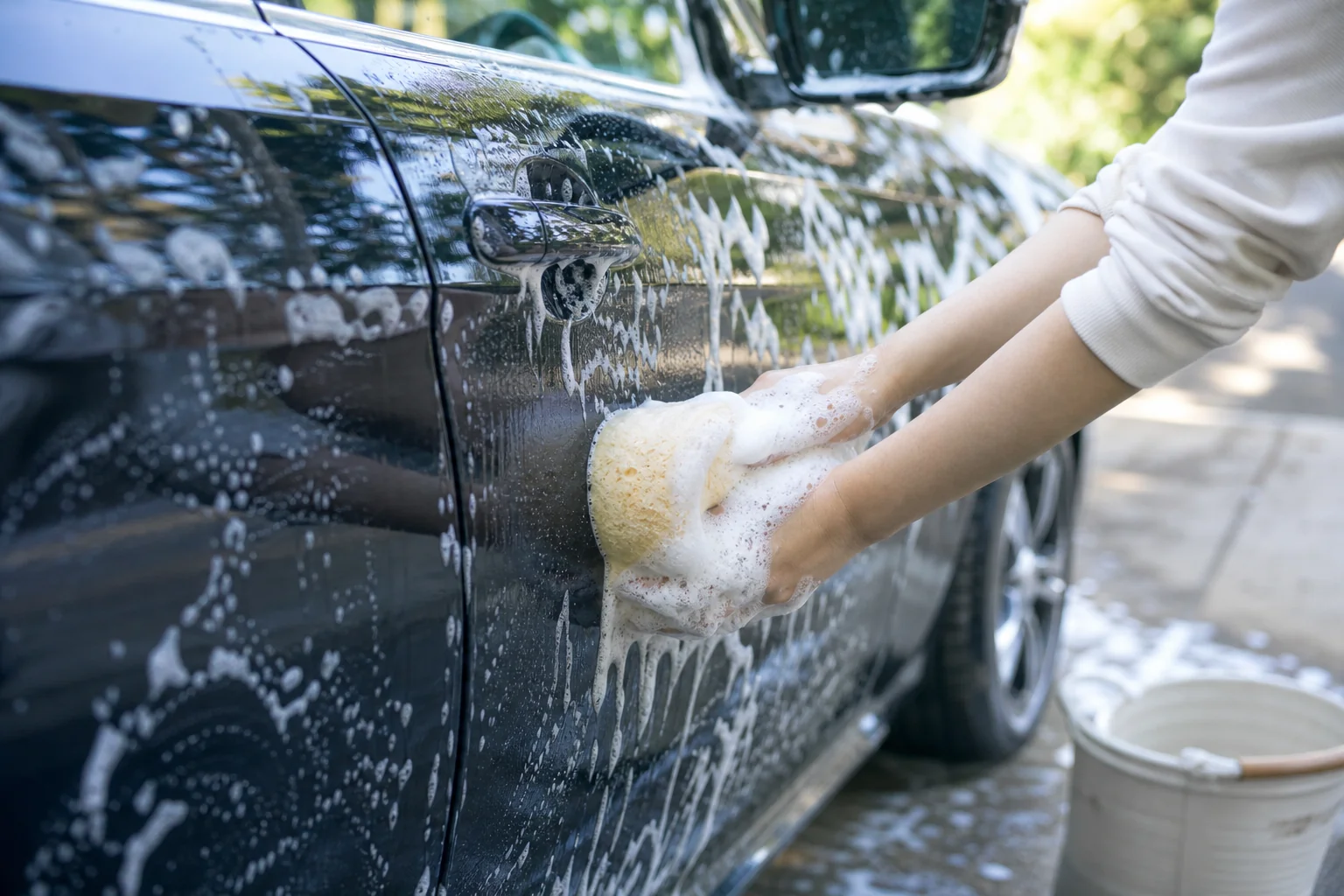 コーティングをした乗用車を泡のスポンジでやさしく洗っている手元の写真