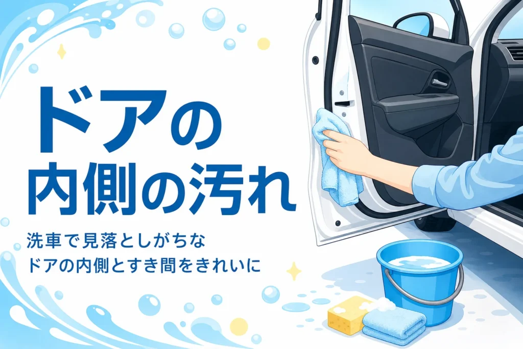 ドアを開けた乗用車のドアの内側をタオルで拭いている手元