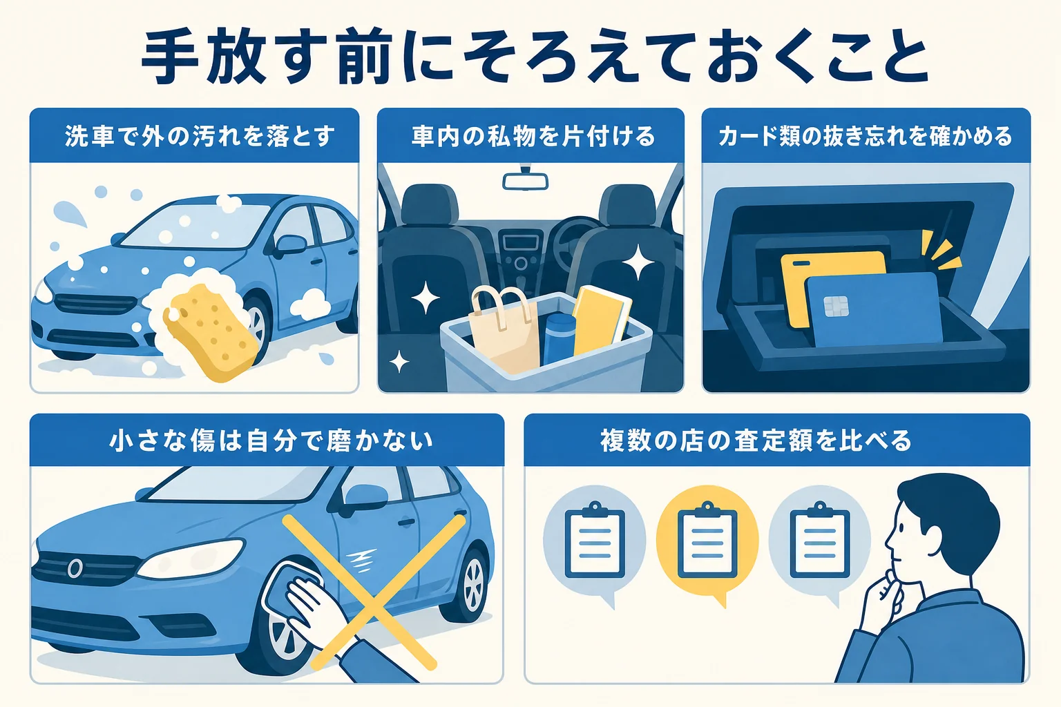 車を手放す前にドライブスルー洗車で汚れを落とし、車内を片付けて査定額を比べる流れの図解