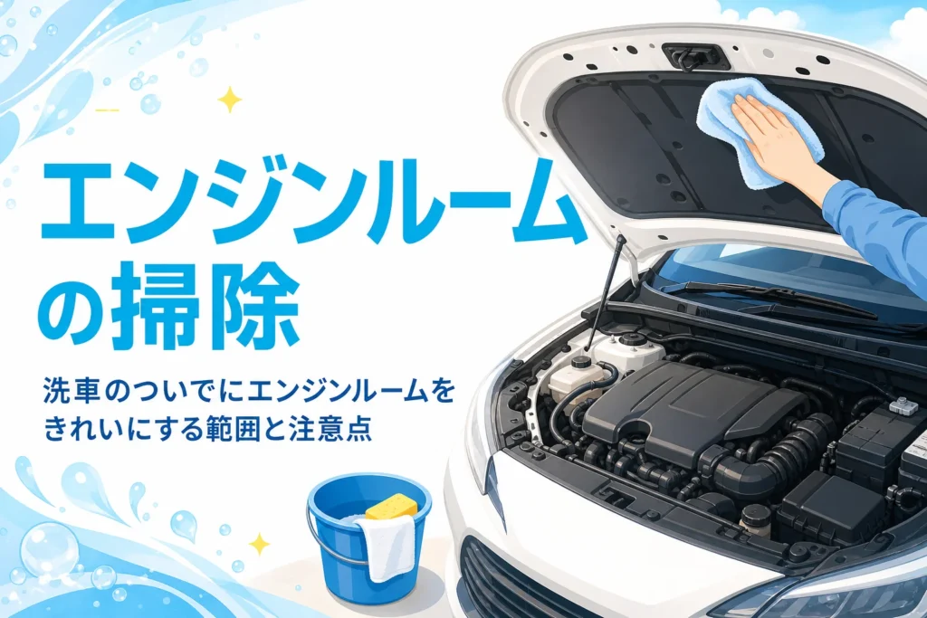 ボンネットを開けた乗用車のエンジンルームをタオルで拭いている手元
