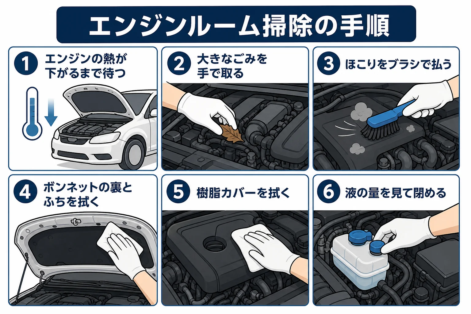 洗車のついでにエンジンルームを掃除する6つの手順を並べた図解