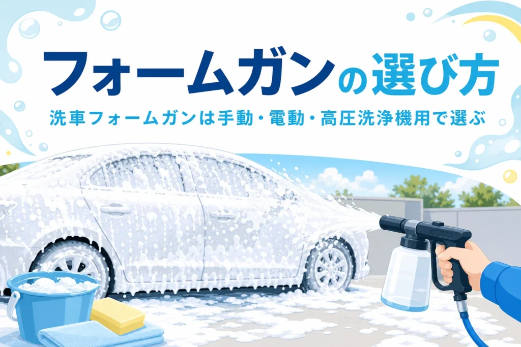 フォームガンで車に泡を吹き付ける手元と、洗車フォームガンの選び方の記事タイトル
