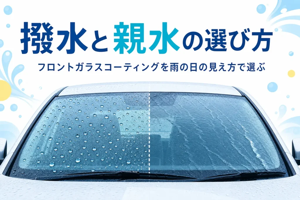 水滴が玉になる部分と膜になる部分を並べたフロントガラスと「撥水と親水の選び方」の文字