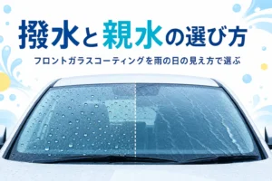 水滴が玉になる部分と膜になる部分を並べたフロントガラスと「撥水と親水の選び方」の文字
