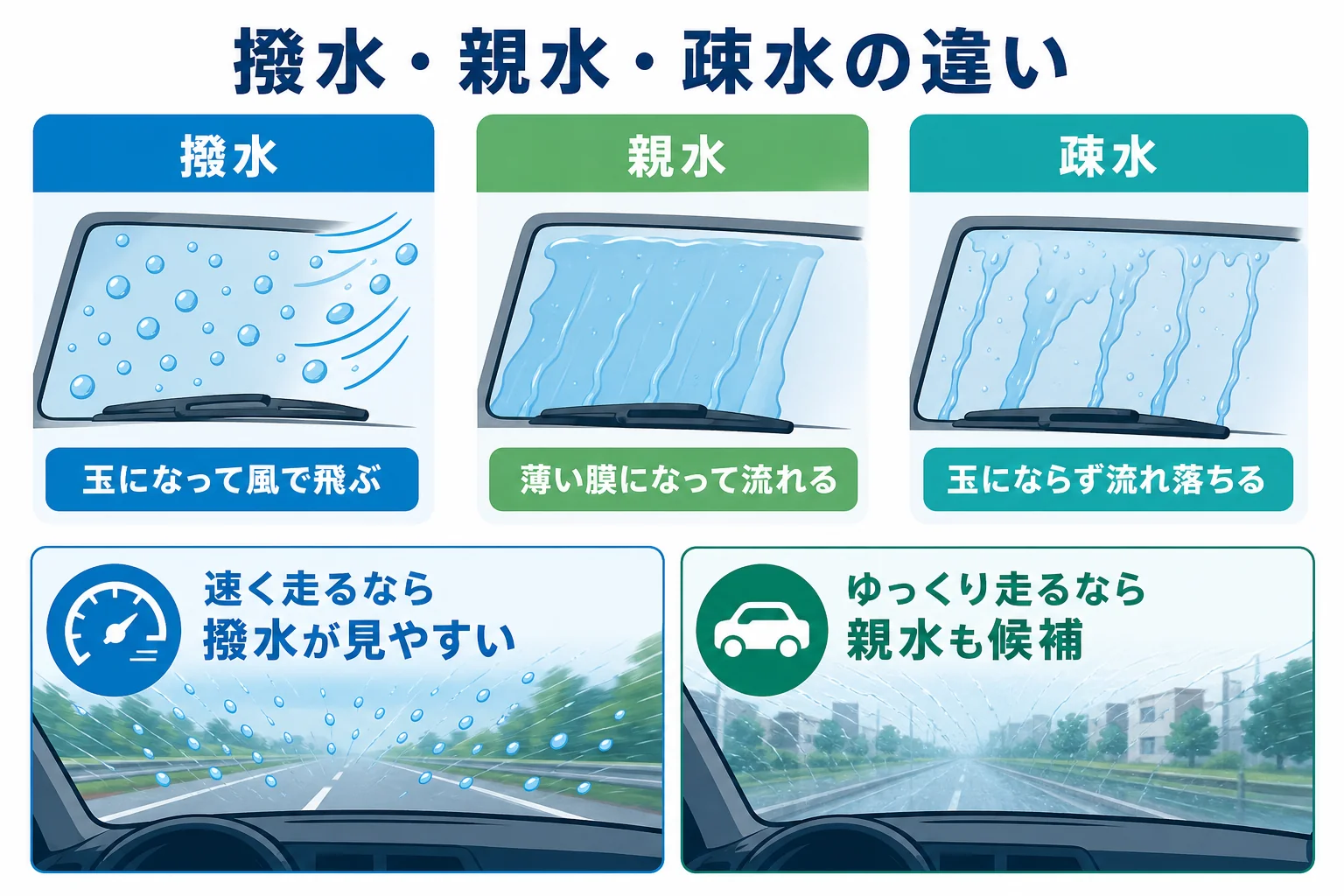 撥水・親水・疎水を雨の日の見え方とワイパーとの相性で比べた図解