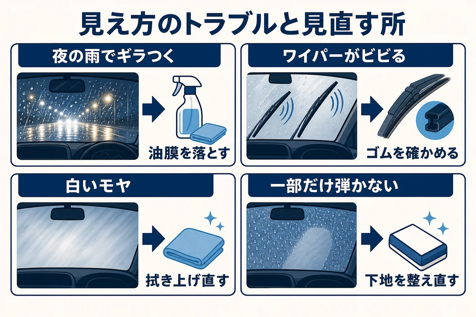 フロントガラス撥水で起きやすい見え方のトラブルと見直す所をまとめた図解