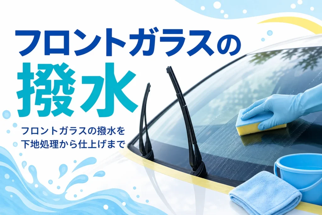 フロントガラスに撥水剤を塗る手元と「フロントガラスの撥水」の文字