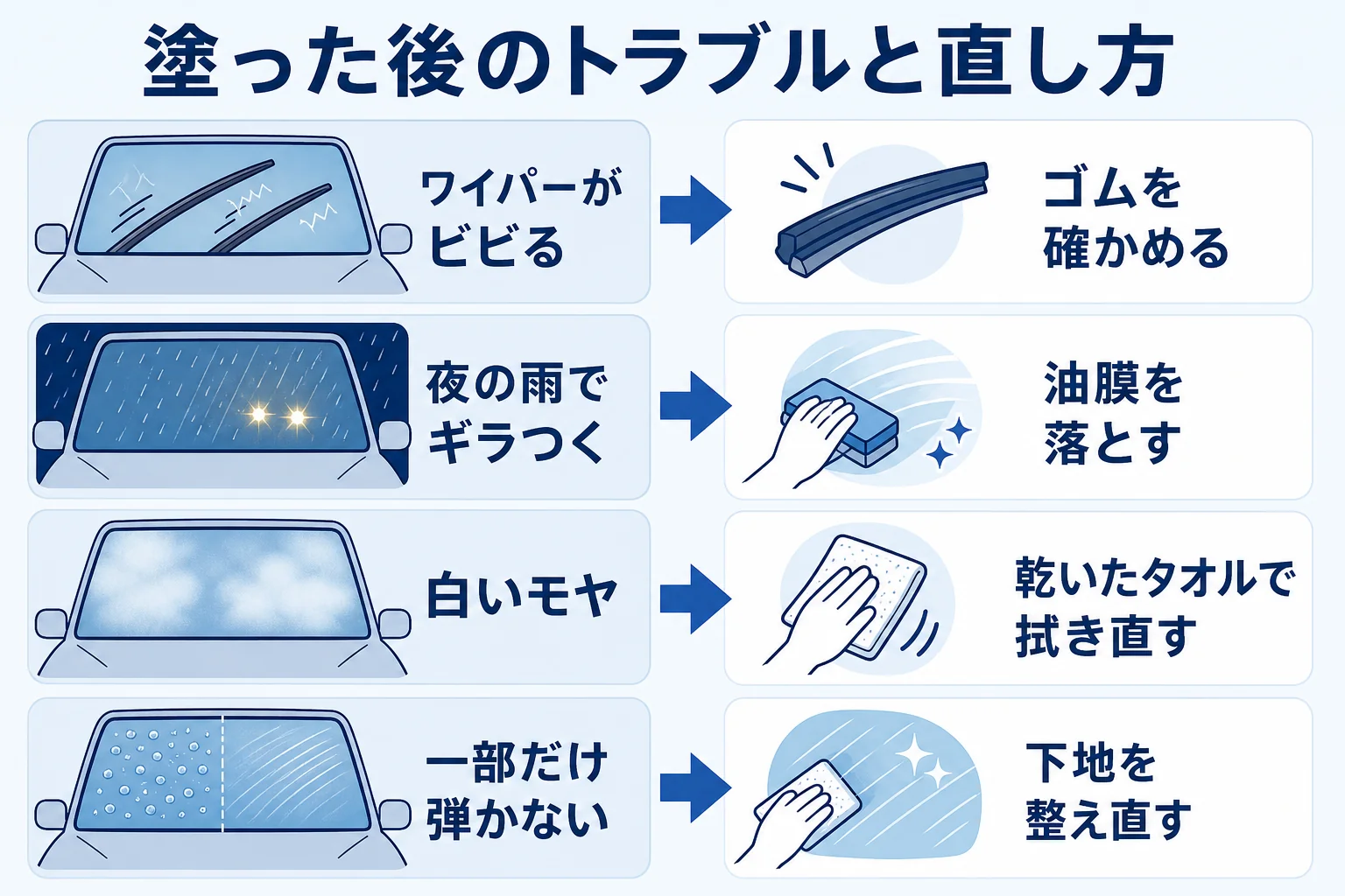 フロントガラス撥水の後に出やすいトラブルと直し方をまとめた図解