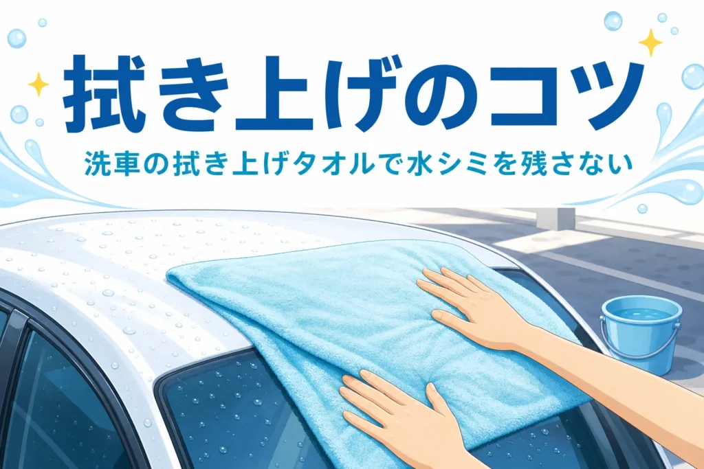 洗車後の車の屋根に大判の拭き上げタオルをのせて押さえる手元と、拭き上げのコツの記事タイトル