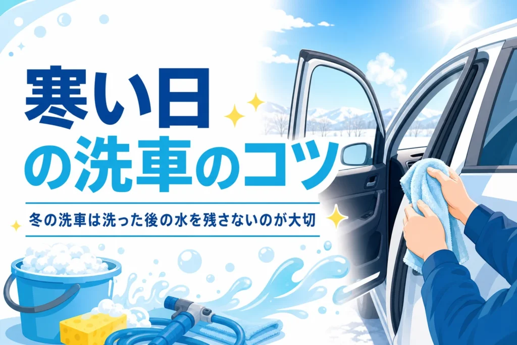 冬の晴れた日に車のドアのふちをタオルで拭いている様子と、冬の洗車の記事タイトル