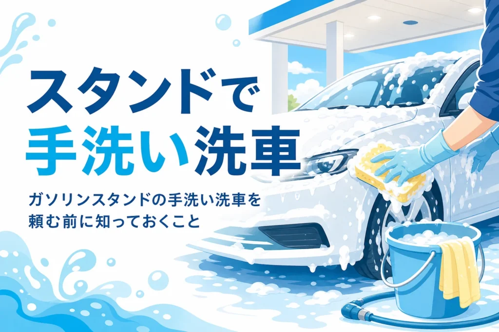 ガソリンスタンドの洗車スペースで泡をのせた乗用車を手で洗う手元