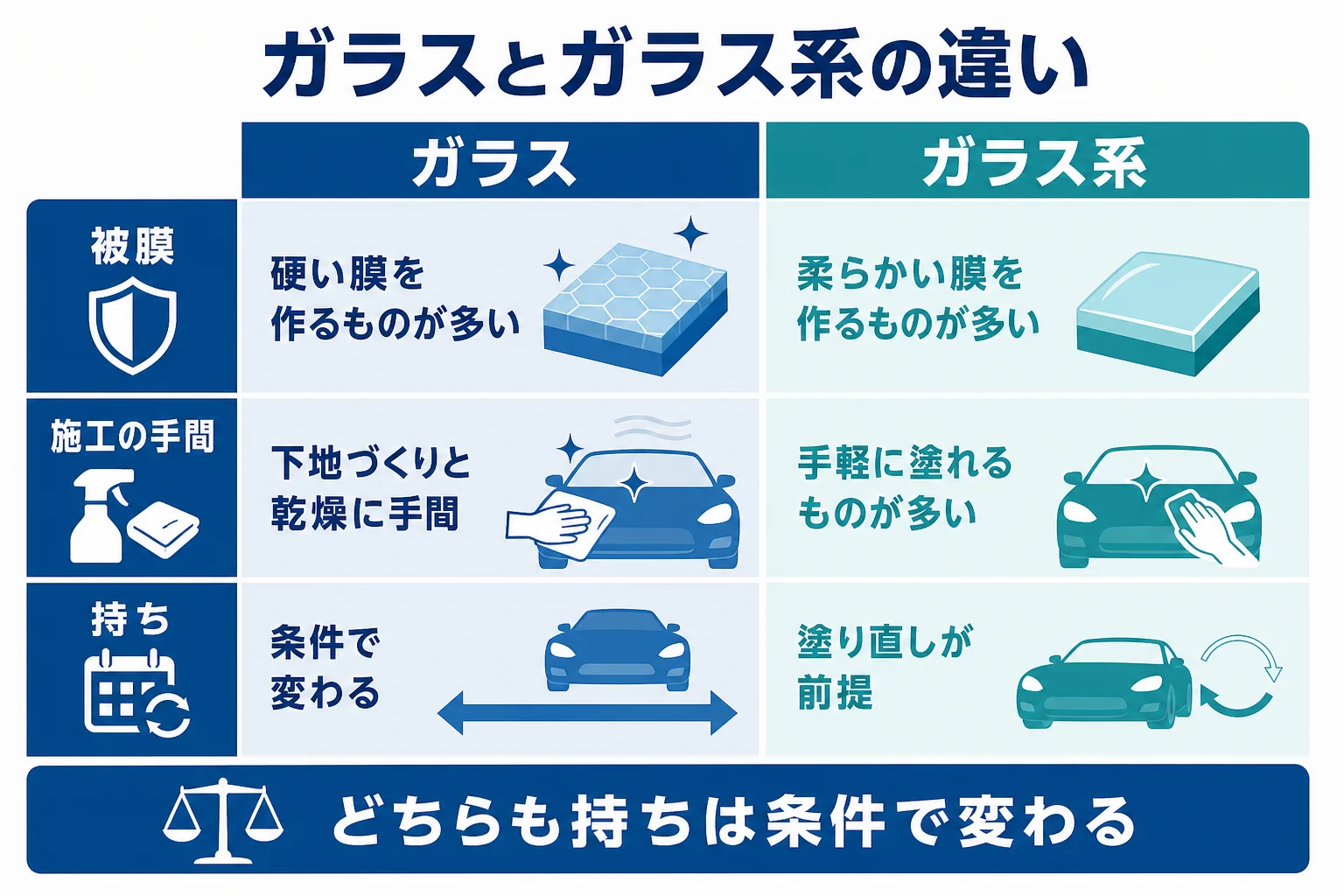 ガラスコーティングとガラス系コーティングを被膜・持ち・施工の手間で比べた図解