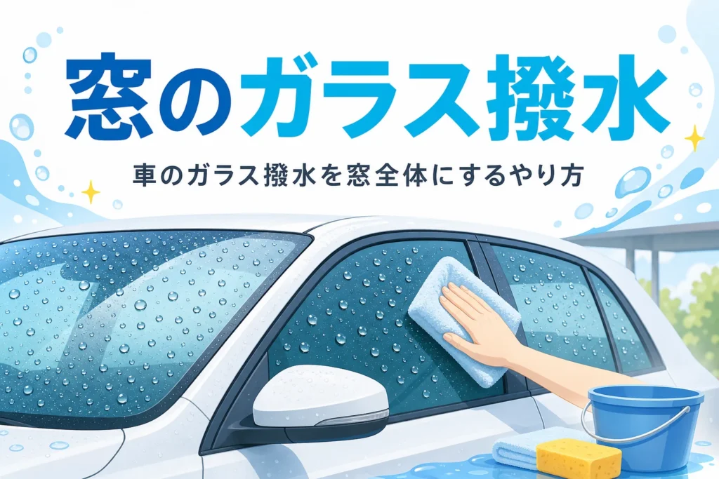 水滴が玉になった車の窓をタオルで拭き上げる手元と「窓のガラス撥水」の文字