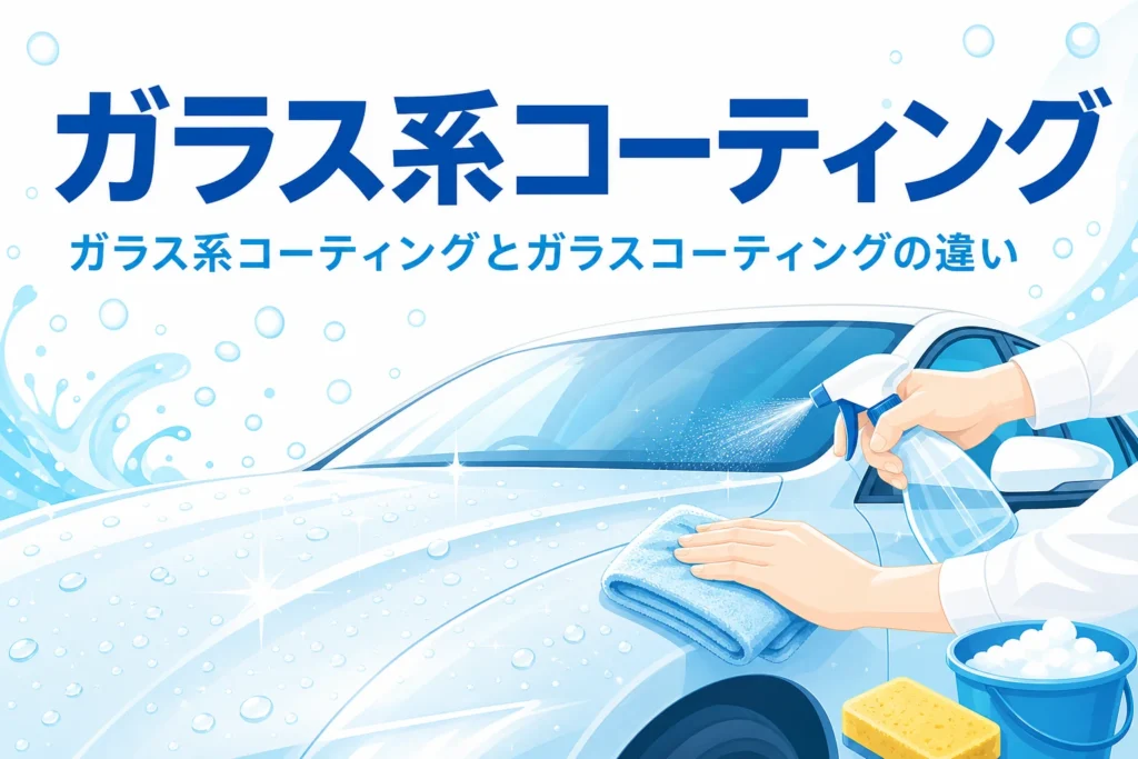 乗用車のボディにコーティング剤を塗る手元と「ガラス系コーティング」の文字