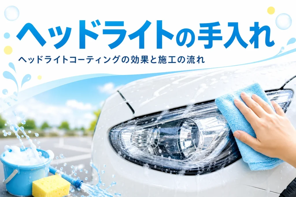 洗車後にヘッドライトのレンズをタオルで拭く手元と「ヘッドライトの手入れ」の文字