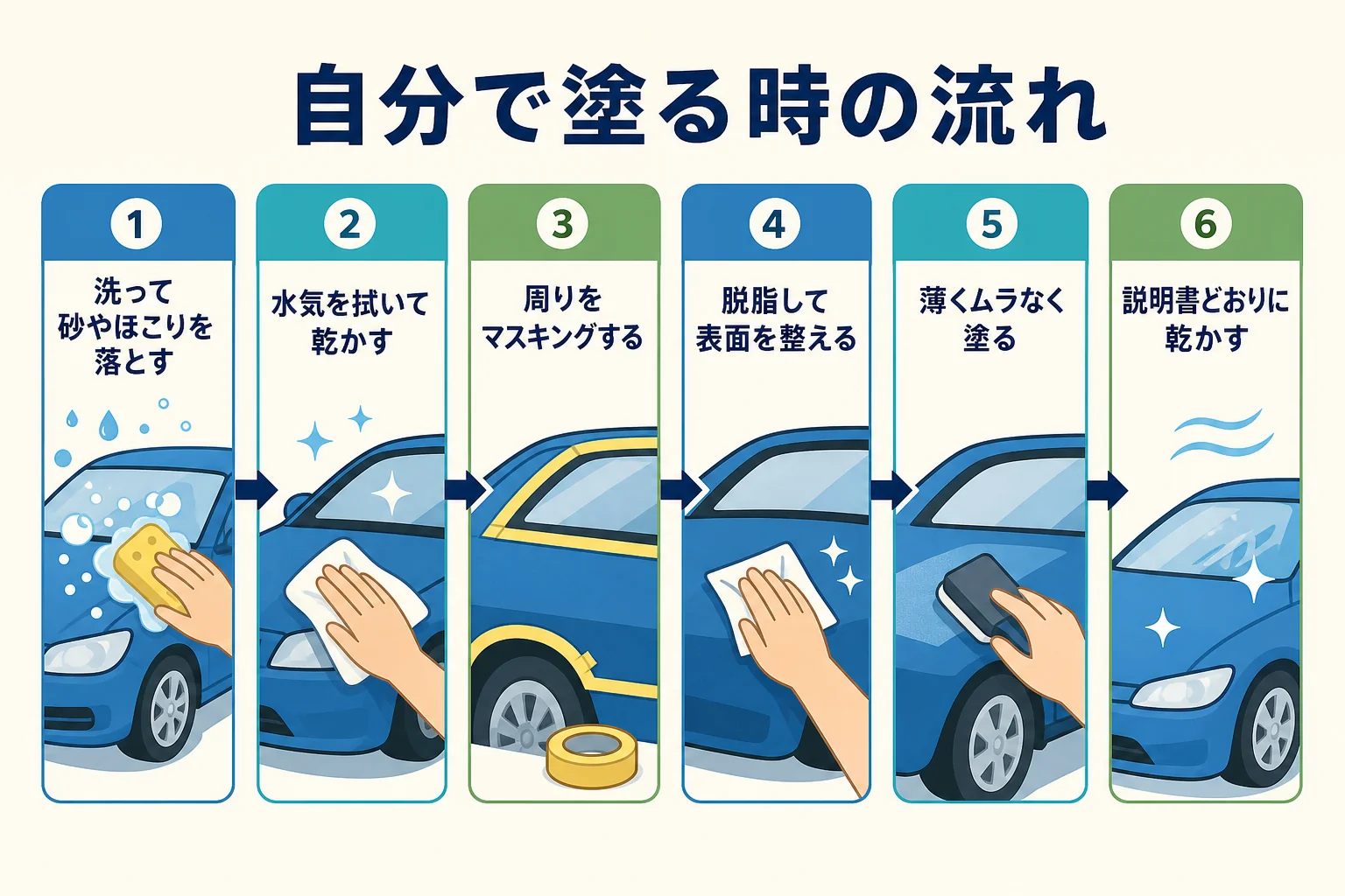 自分でヘッドライトコーティングを塗る時の流れを順番に並べた図解