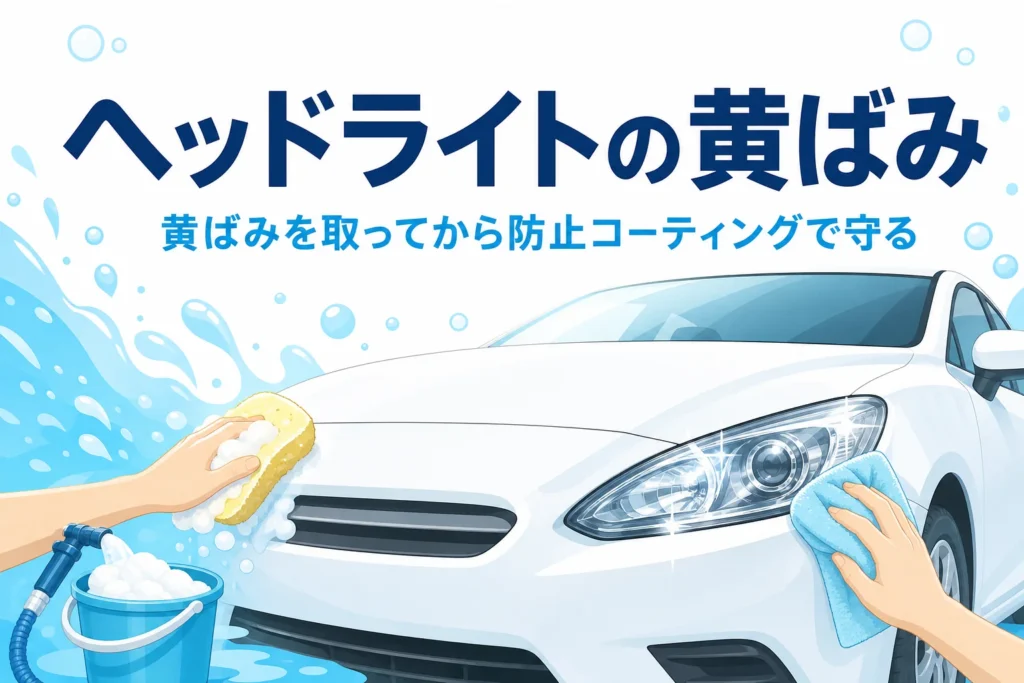 黄ばんだヘッドライトと磨いたヘッドライトを並べた乗用車の前側