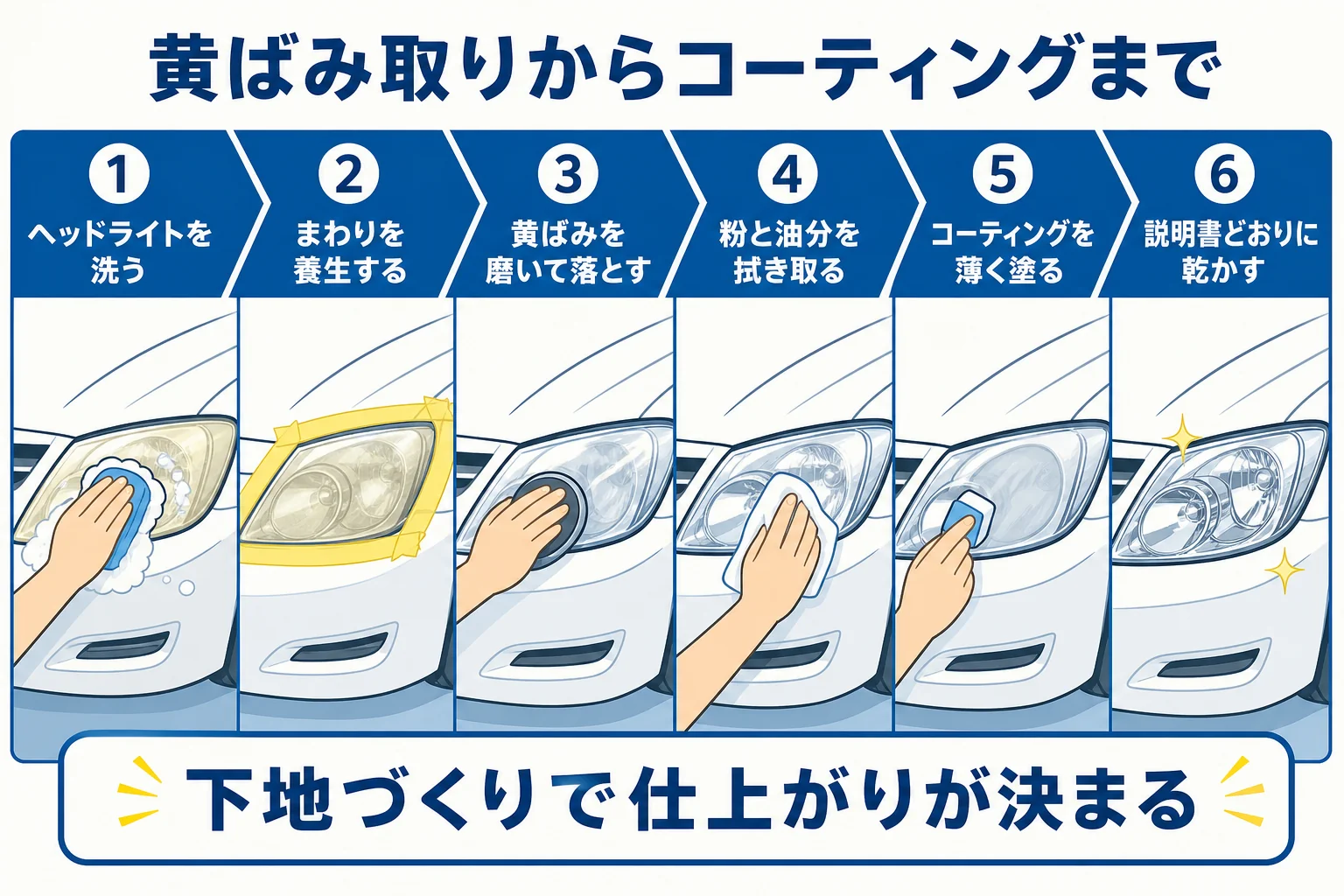 ヘッドライトの黄ばみ取りから防止コーティングまでの流れを順番に並べた図解
