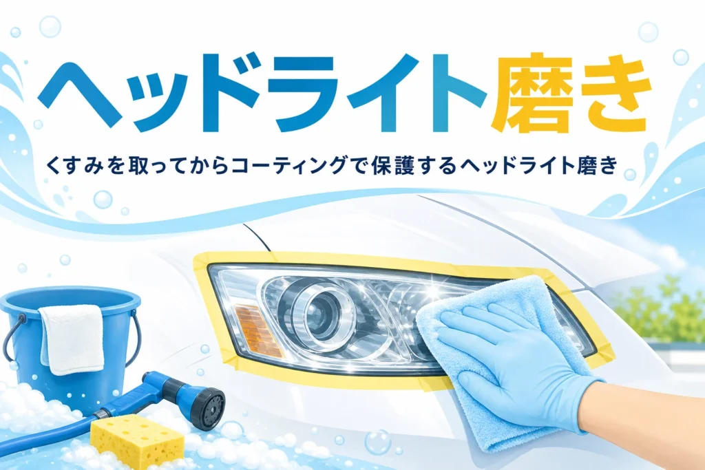 マスキングテープで養生したヘッドライトをクロスで磨いている手元