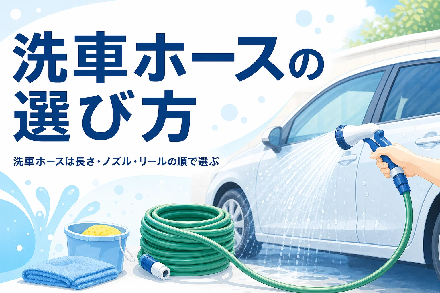 駐車場の車にホースのシャワーノズルで水をかける手元と、洗車ホースの選び方の記事タイトル