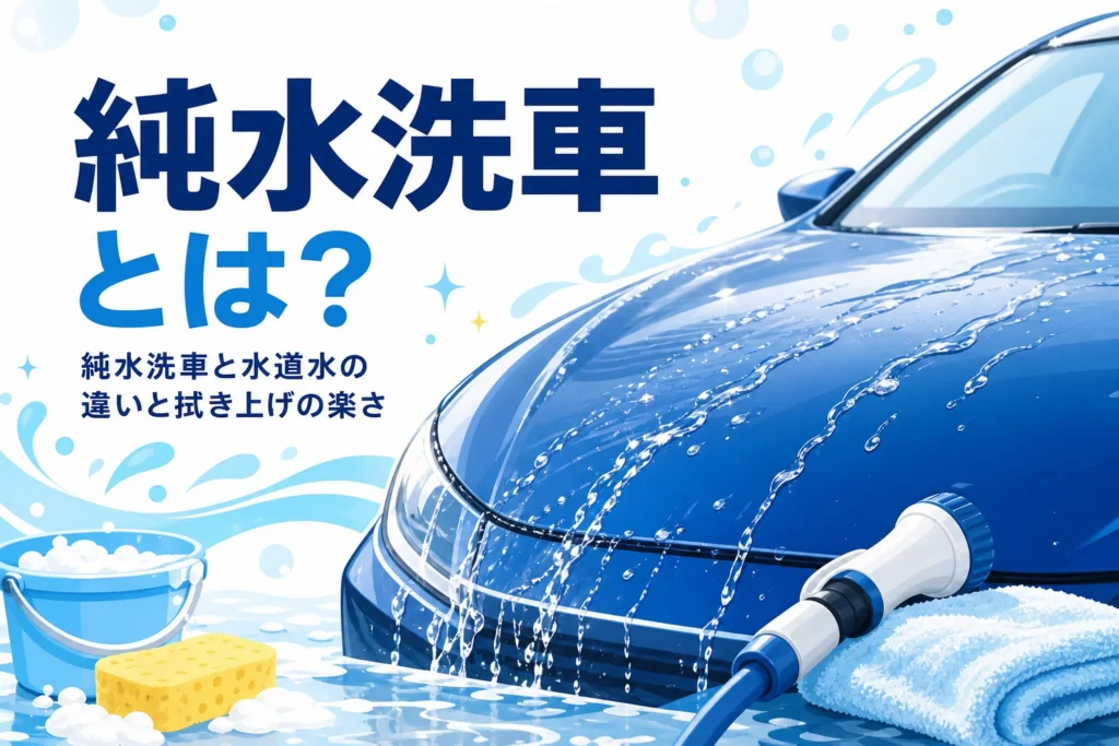 濃い色の乗用車のボンネットに澄んだ水が流れ落ちている様子